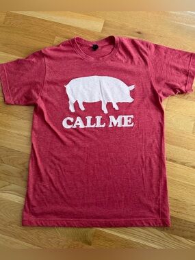 Tultex Red Short Sleeve Tee with White Pig Graphic and "CALL ME" Text